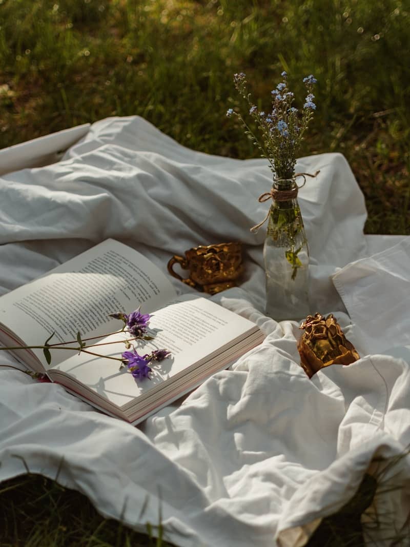 a book and a vase with flowers on a blanket