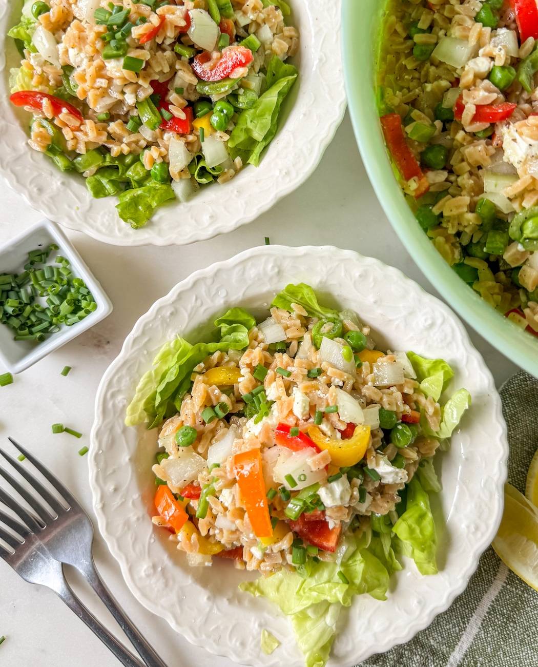 orzo pasta salad in bowls