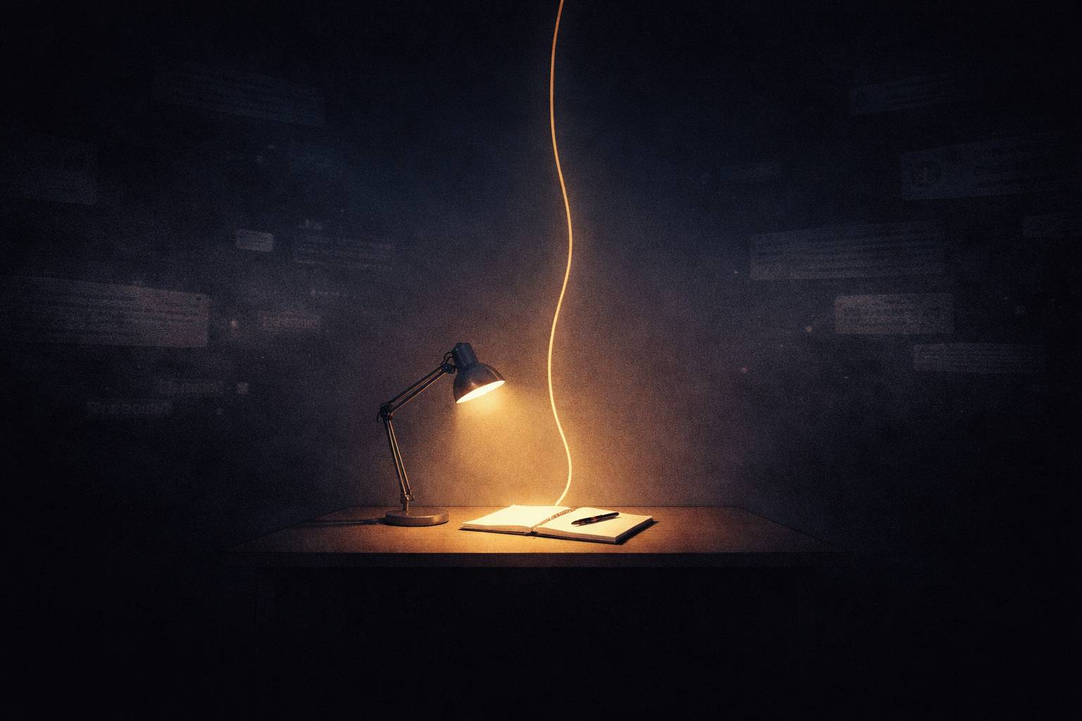 A desk with a lamp a journal and pen. A single golden thread runs down the middle.