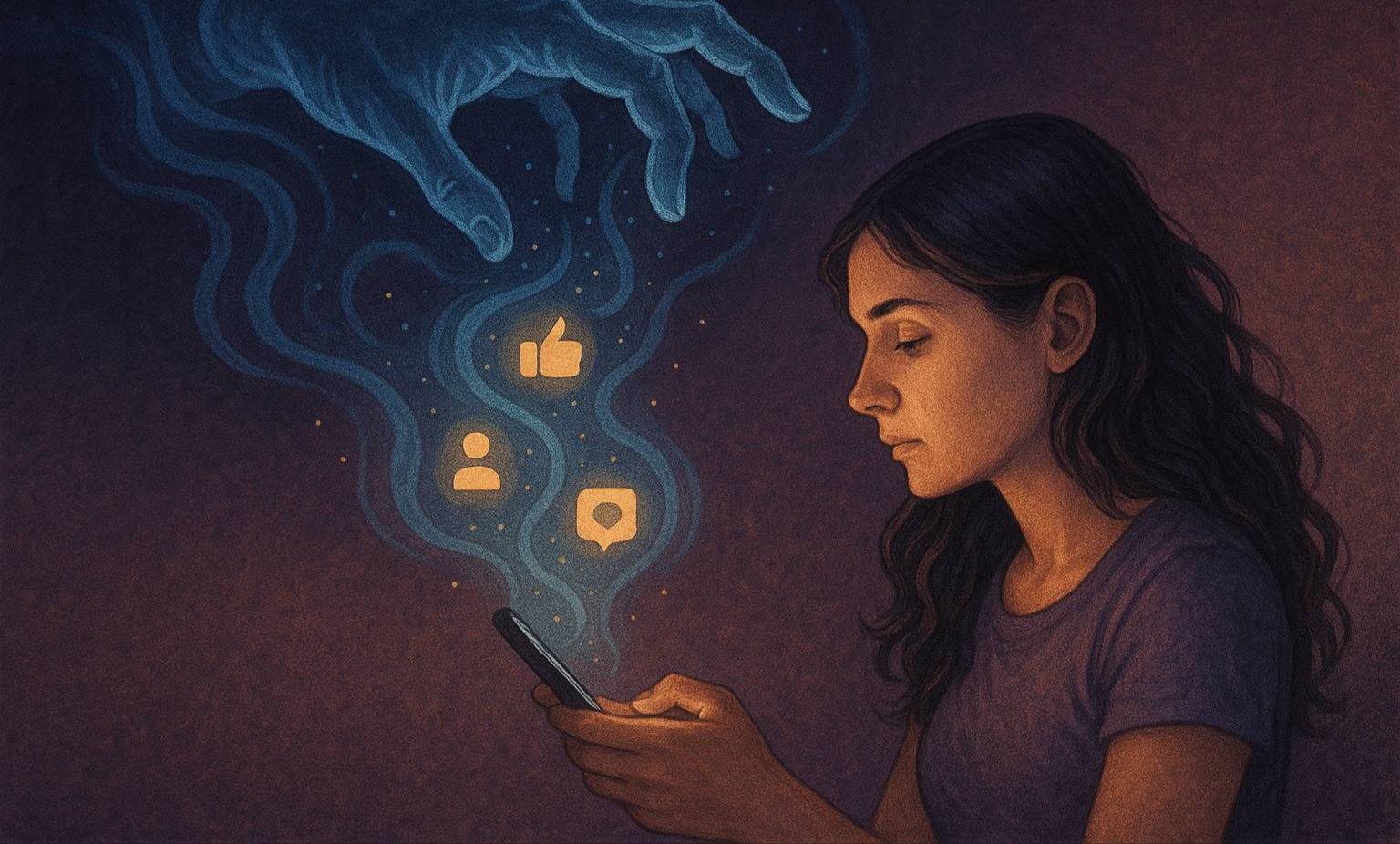 The invisible hand of the algorithm casting a spell on a woman scrolling her phone.