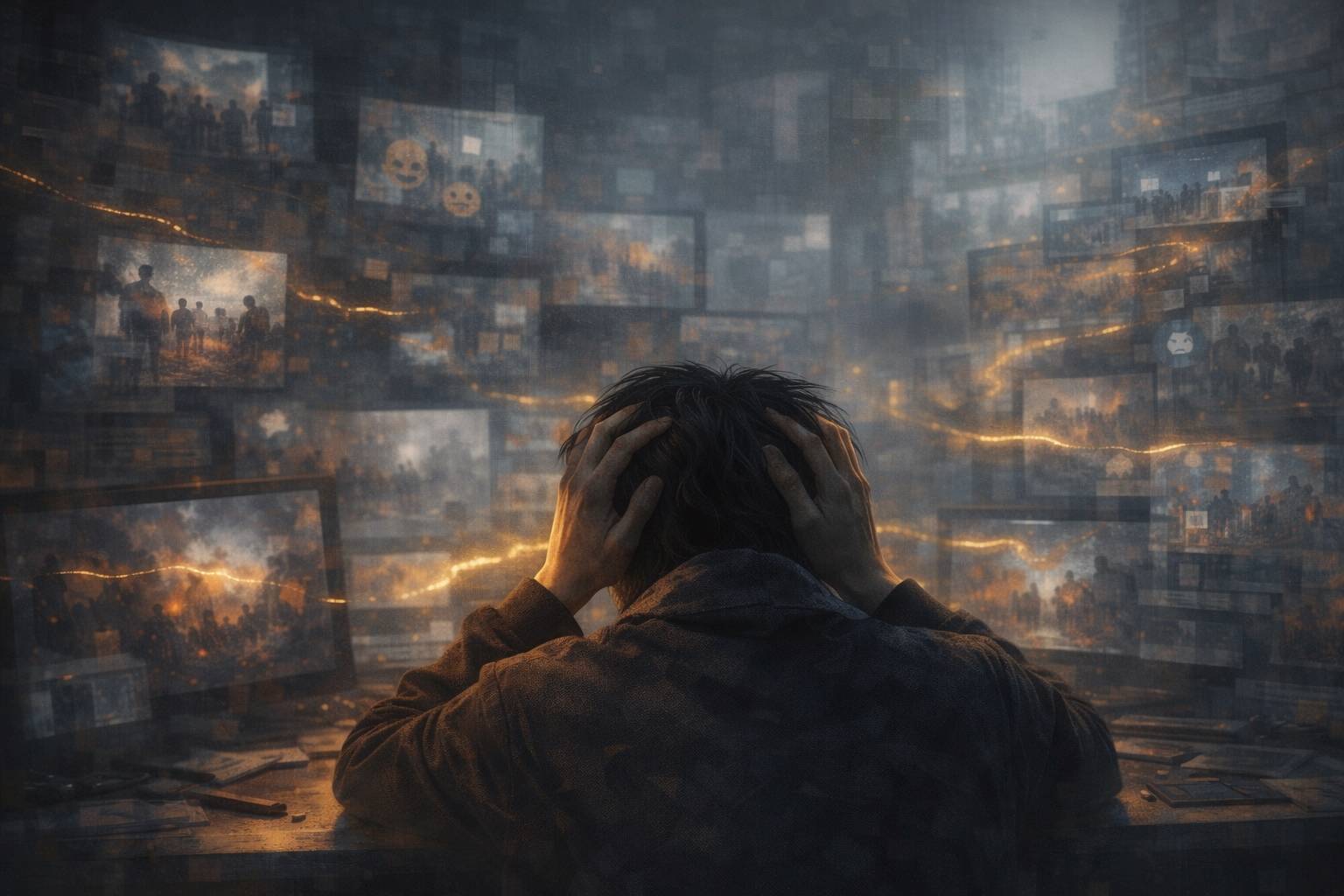 An individual head in hands overwhelmed by constant information
