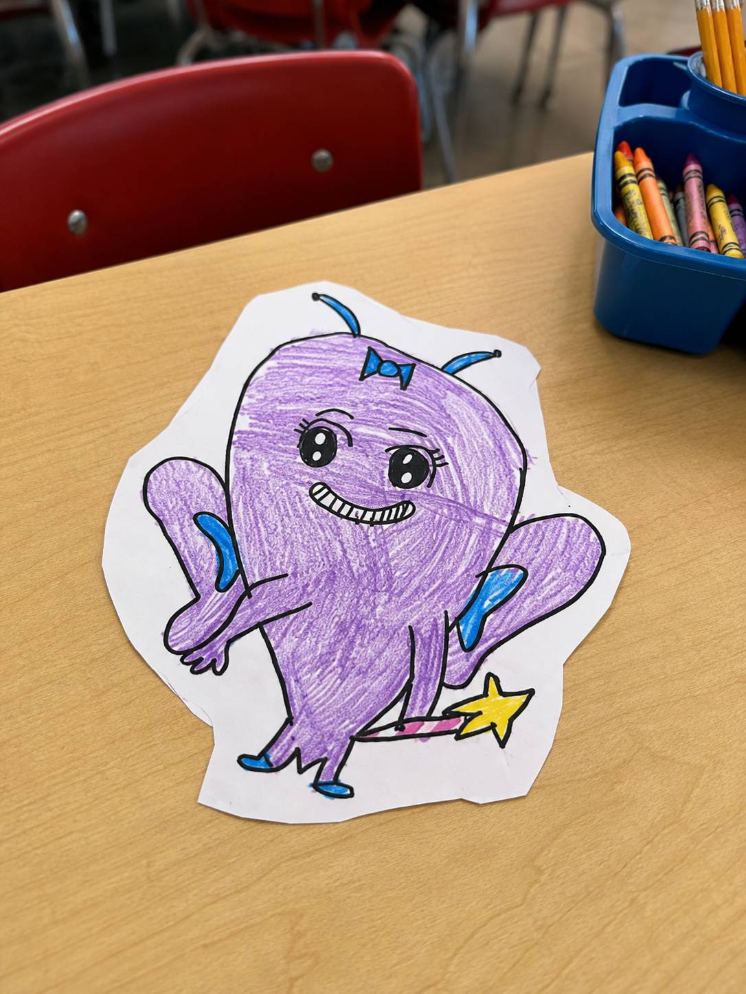 sample image of a student drawing of a purple Magical Yet holding a wand