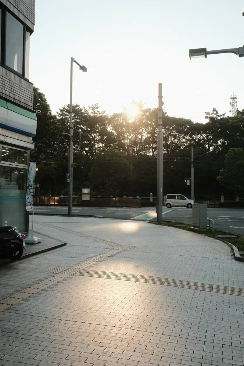 Street corner with sun shining through trees.