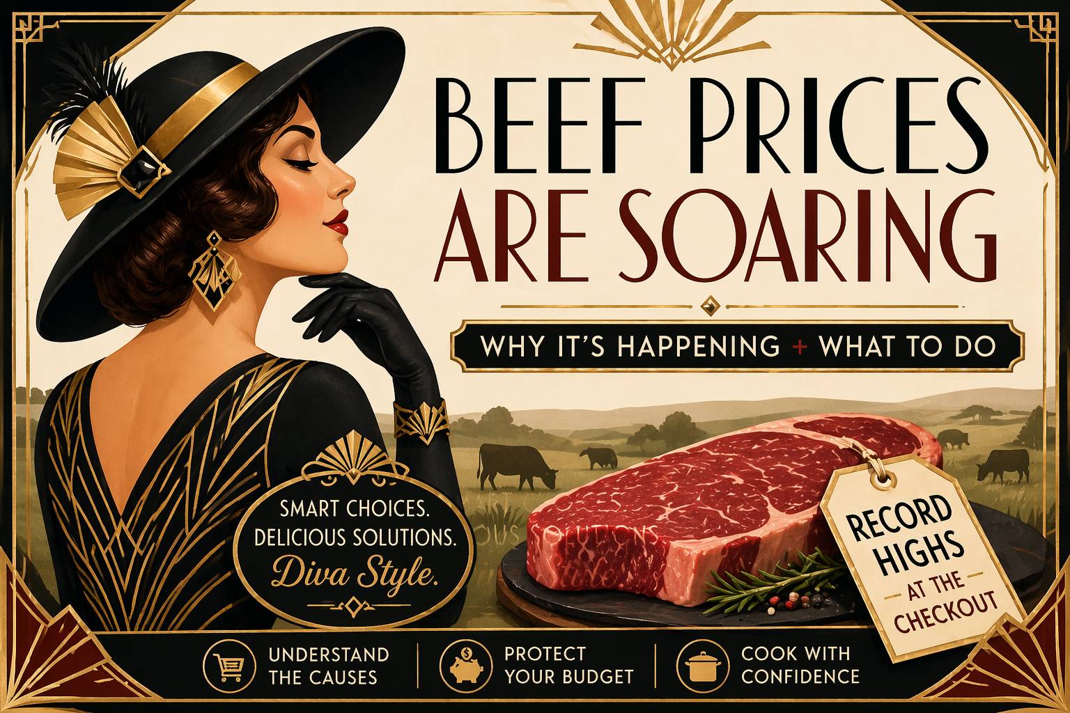 Art Deco-style illustration of a retro woman in a kitchen holding a sign about stretching meat, with dishes like enchiladas and beans highlighting budget-friendly, meat-stretching meal ideas.