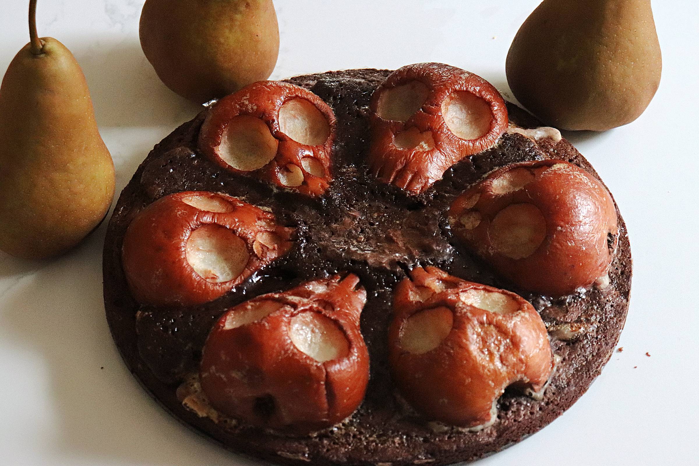 Spiced Halloween brownies topped with carved pear skulls. A boxed brownie mix, three pears, and big spooky drama without the big spooky bill. 