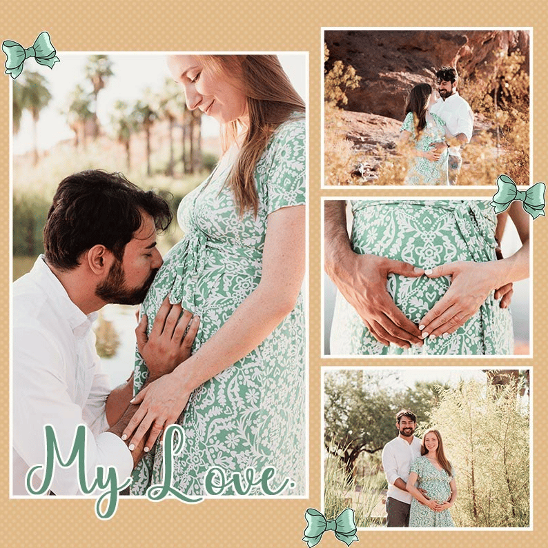 A scrapbook page featuring photos of a couple from a maternity session.