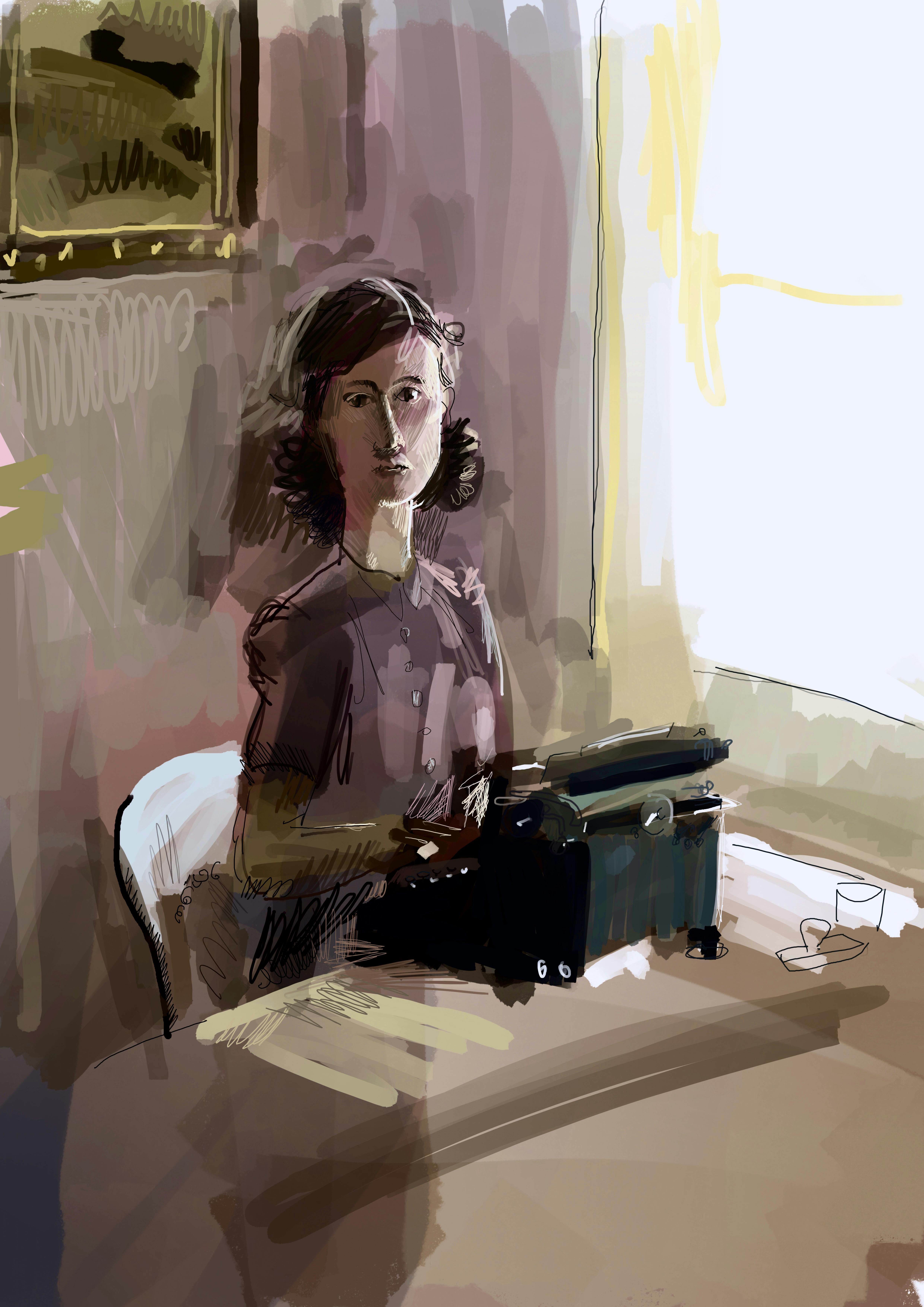 Atmospheric drawing of a woman in the 1940s, sitting behind a typewriter