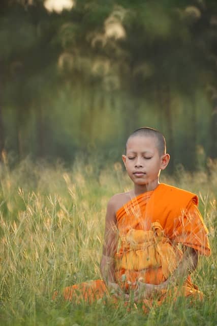 boy monk meditating in field