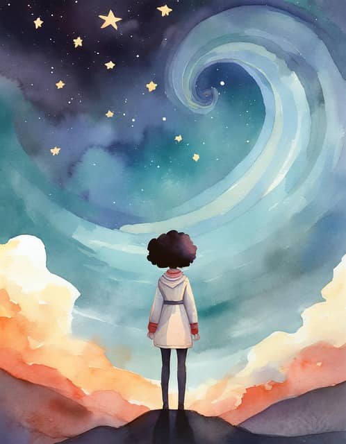 whimsical, person facing stars and sky