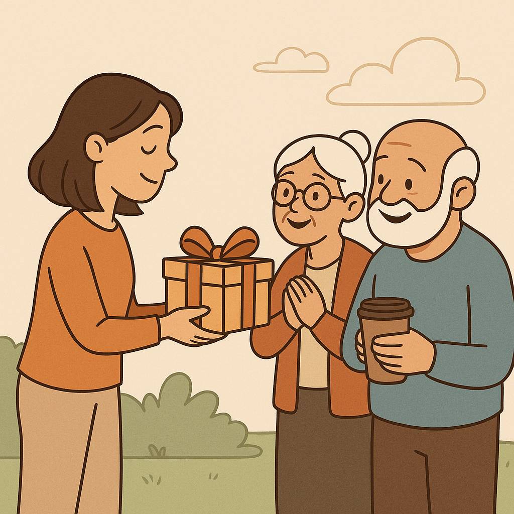 person giving gift to two people
