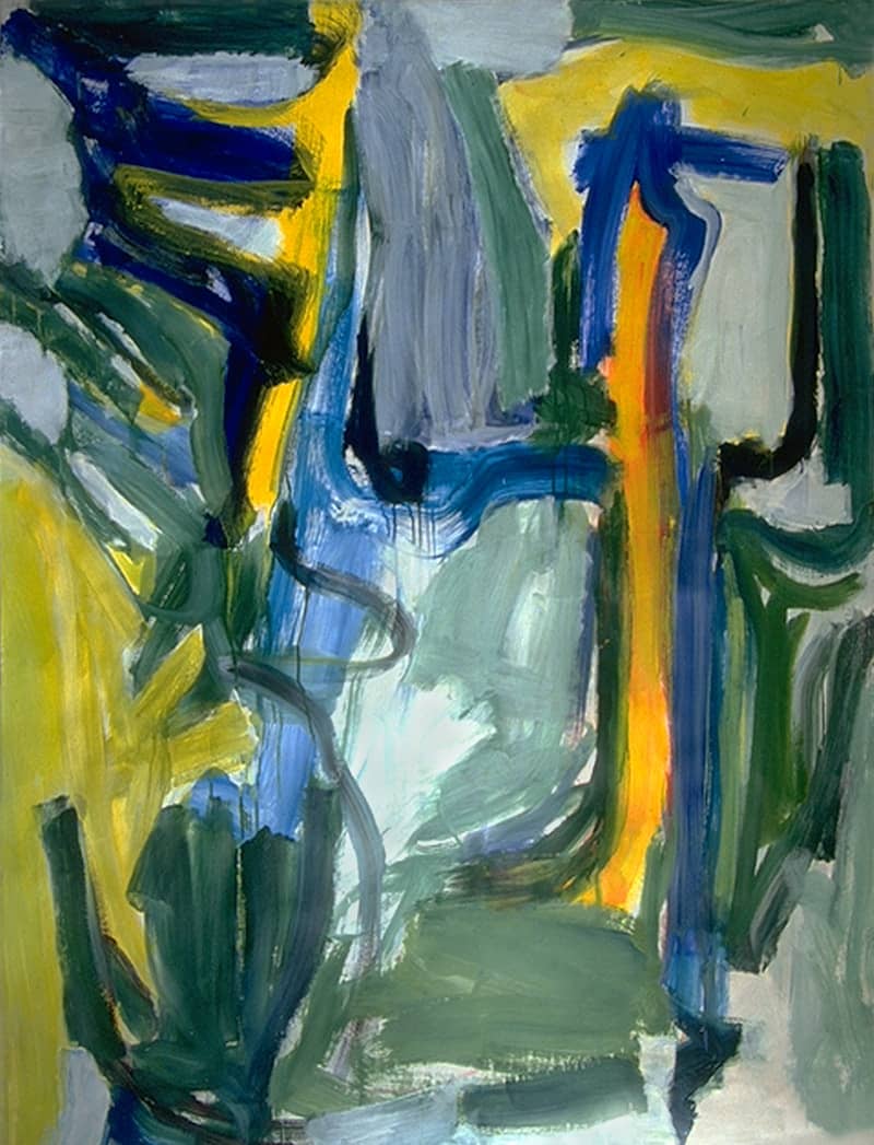 Abstract painting with bold blue, yellow, and green strokes.