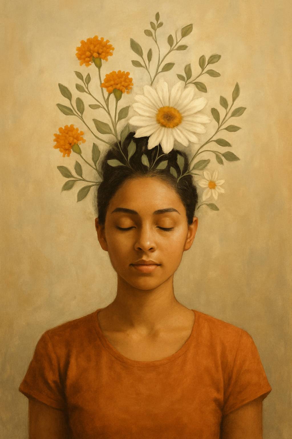 woman with flowers growing out of her head