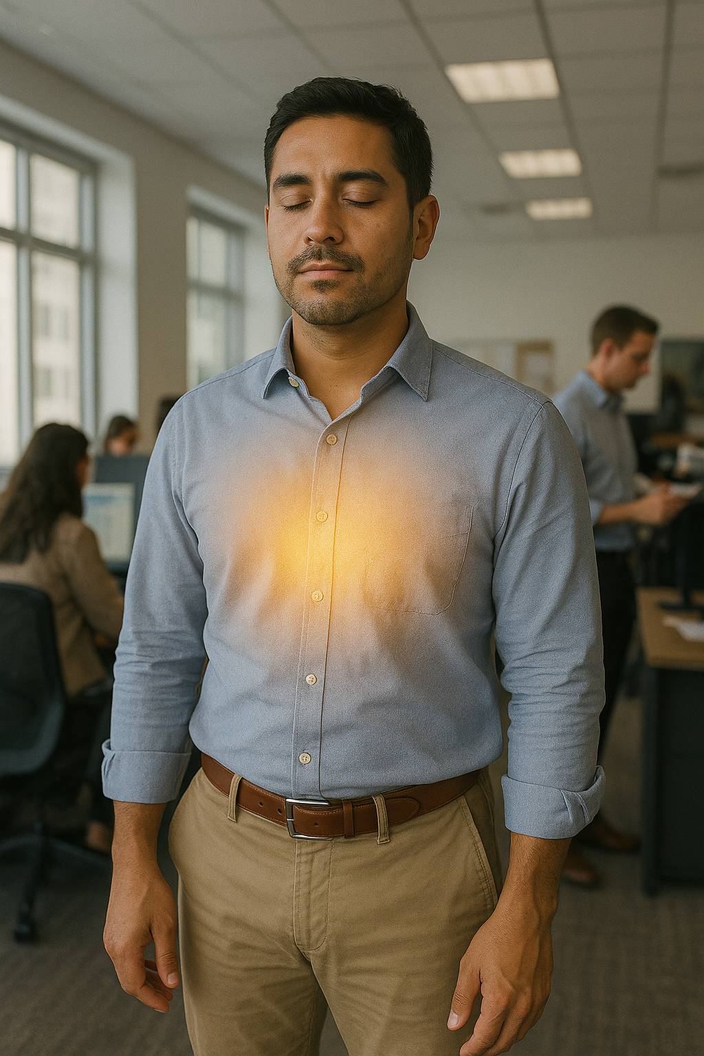 man standing in office with glowing heart