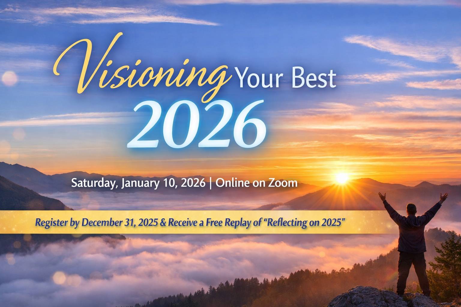 person with hands raised in front of sunrise above mountains and clouds