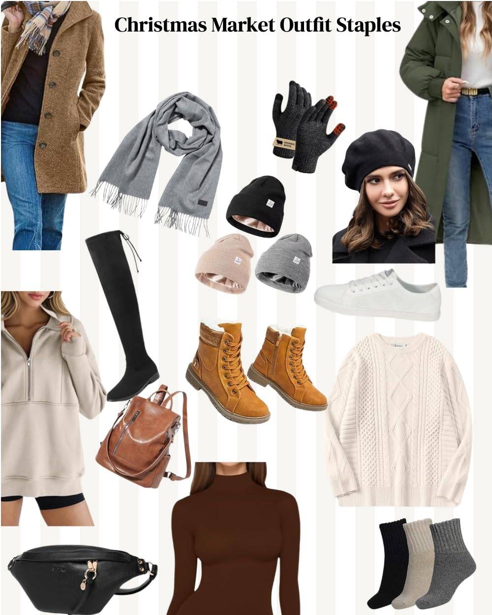 Flat lay of cozy winter travel essentials including a puffer coat, scarf, gloves, boots, and thermals for a Christmas market trip.”