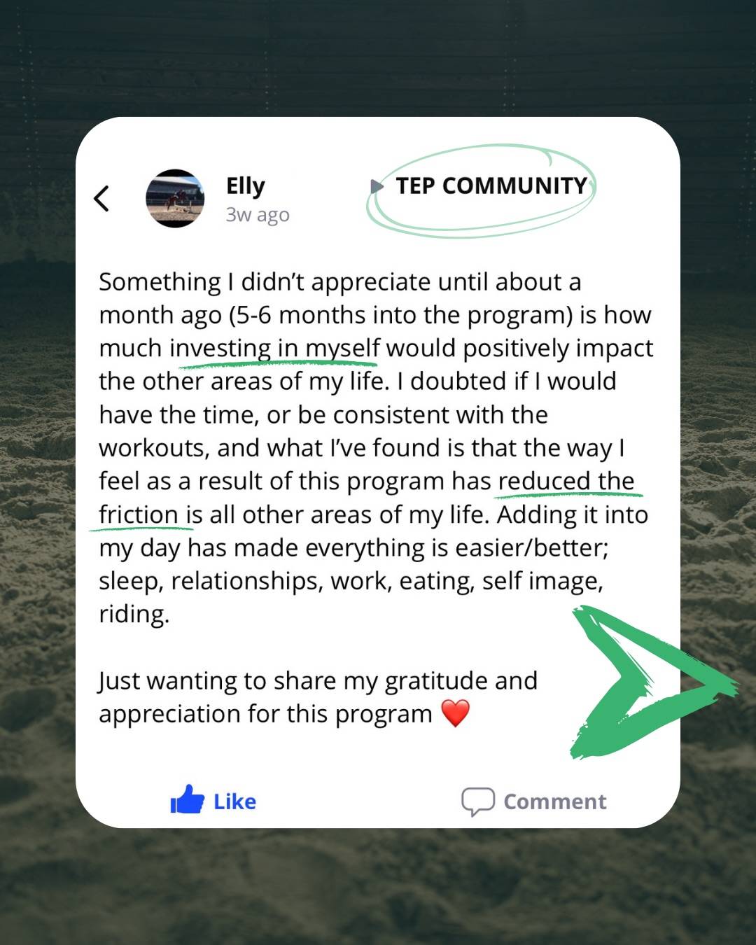 What would less friction look like in your life? I think Elly hit the nail on the head with this one.

So often we balk at the idea of, “one more thing” on our already incredibly hectic lives. But what if that, “one more thing“ was the thing that actually made everything else easier? The thing that reduced friction across the board?

And this is the real reason I built TEP training. Yes, for the rider performance aspect, 100%. And yes, to help normalize equestrians training themselves out of the saddle, and giving them the structure and knowledge to do it. But it goes beyond that.

First and foremost, I came to this role as a physiotherapist. And I have seen firsthand so many times how consistent health promoting habits spill out across someone’s life, exactly like it did with Elly. And I want that for every single rider out there.

So what could your journey look like five months from now?

Doors open April 13. Comment “SPRING” or check the link in my bio to sign up for the waitlist❤️🌱

 LinkDM *018*