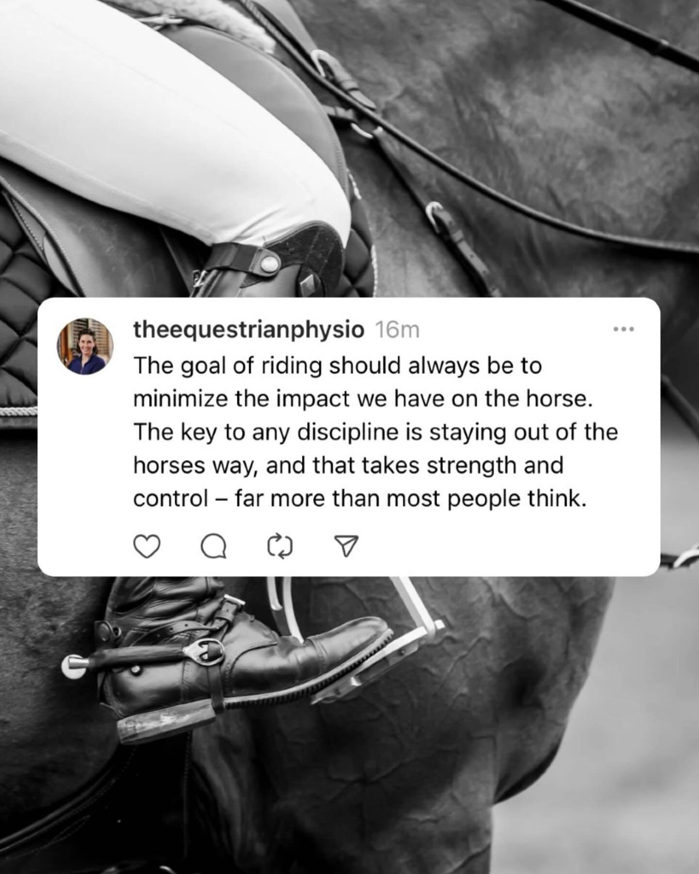Riders need a unique blend of physical qualities. Strength, power, stability, motor control, and more. All of which can be developed through intentional training off the horse. These directly influence your ability to ride well, and more importantly, to ride RESPONSIBLY.

Building general strength translates to countless benefits in the saddle. The ability to produce force, hold positions more securely, and stay organized under pressure means more accurate aids and better ability to stay in-phase with your horse.

Because riding well isn't just about points or seconds. It's about MINIMIZING the IMPACT we have on the horse. And that takes serious strength and control.

If you don't have the strength to stay centred over a big oxer after a long spot, or balanced through a tight rollback around a barrel, your horse is the one compensating. THEY rebalance for you. Every time your balance falters or your timing is off, it's the horse absorbing the consequences, physically and on the clock.

Strength is also foundational to what we loosely call "balance." A stable trunk, upper body, and lower body help maintain an upright posture and give you the capacity to absorb forces coming from the horse. When you're strong and stable, you can stay with the horse more easily, respond to the unexpected, and communicate clearly, especially when shit hits the fan.

And then there's motor control: the ability to move with precision. Through strength and mobility work, you build awareness of how YOUR body moves and refine neuromuscular control so every aid is intentional, not accidental.

We pour so much into our horses' training, their fitness, their soundness. Strength training is how we hold ourselves to that same standard. The more you can do independently, the less they have to do for you.

TEP Training App opens its doors for Spring enrolment April 13th. Comment "SPRING" and I'll DM you the link, or check the link in my bio!

LinkDM *018*