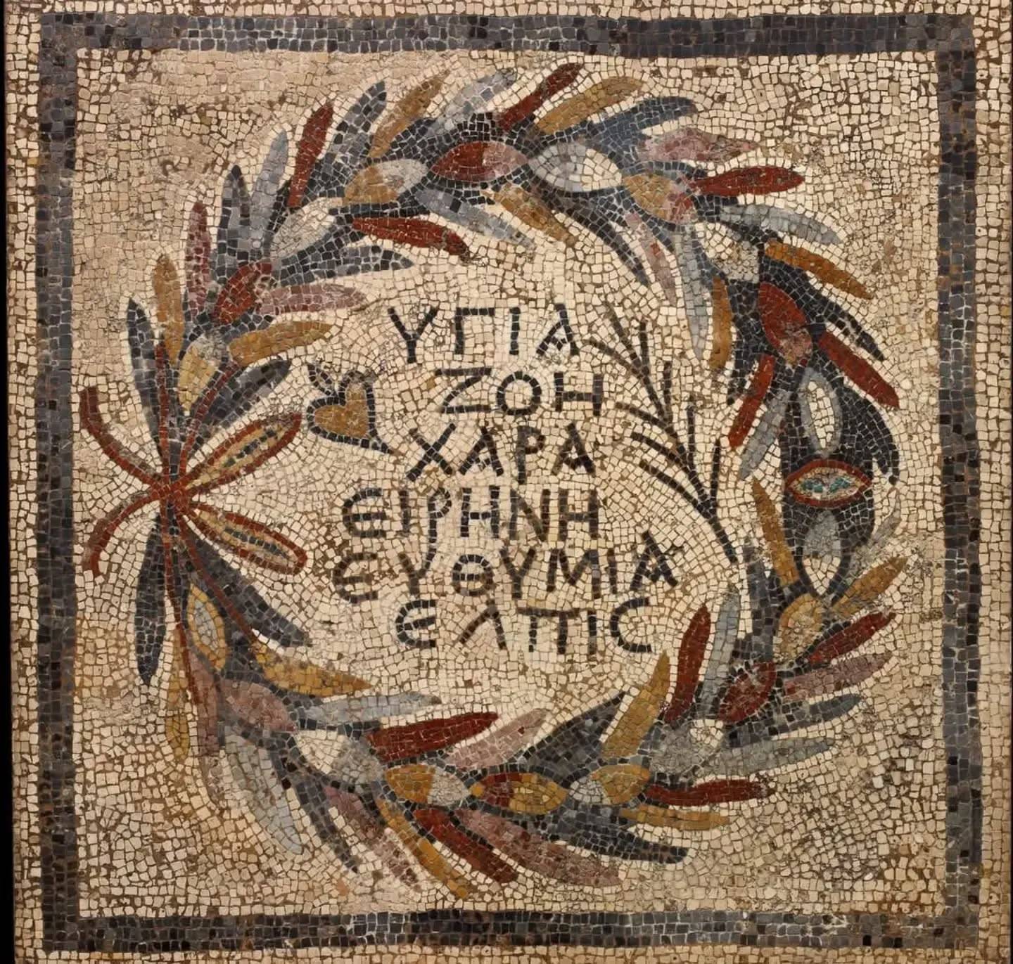 4th century Greek mosaic with wreath containing a New Years' blessing