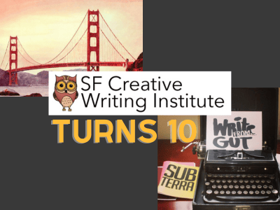 Golden Gate Bridge. Owl Logo. SF Creative Writing Institute Turns 10.  Black old fashioned typewriter with flyer that says Write from the Gut inside it on red desk next to yellow chapbook that says SUBTERRA 
