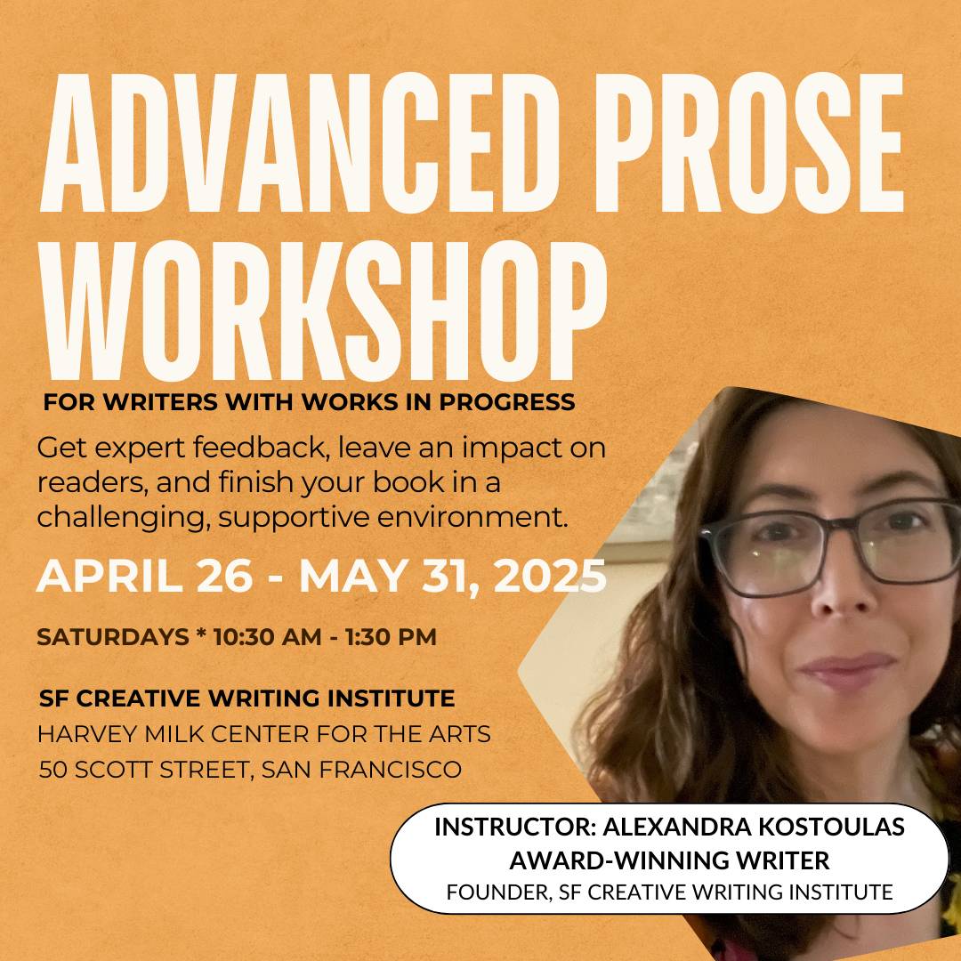 Pic of a lady with glasses. Advanced Prose Workshop flyer. April 26-May 31 2025