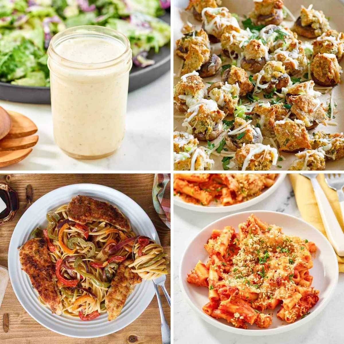 Olive Garden - the salad, the mushrooms, two mains, and tiramisu.