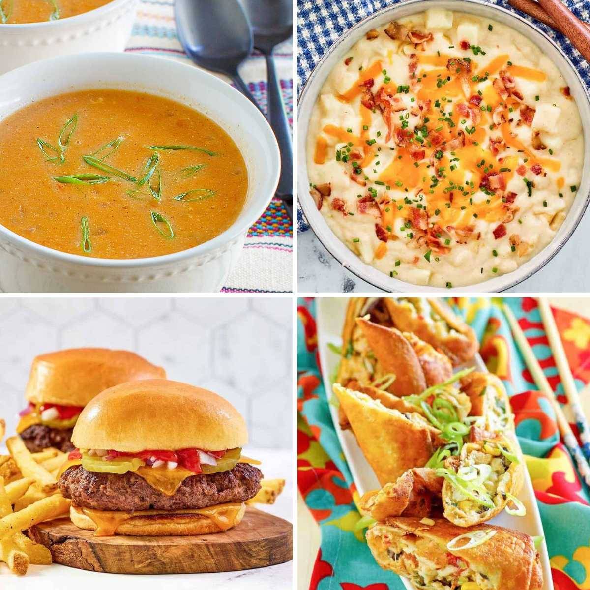 chicken enchilada soup, baked potato soup, the Big QP burger