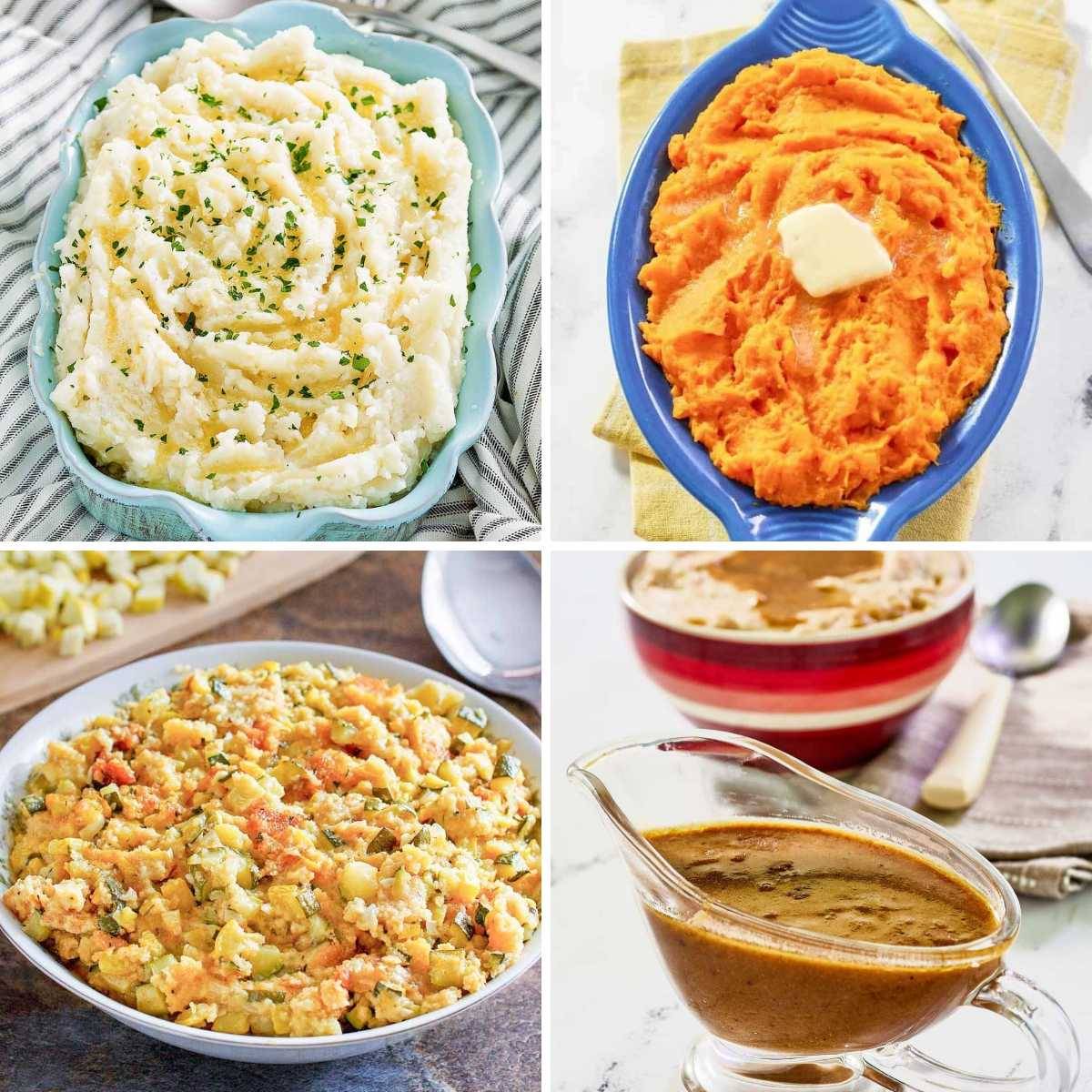  Garlic mashed potatoes, a squash casserole, horseradish sweet potatoes, green beans, and the gravy