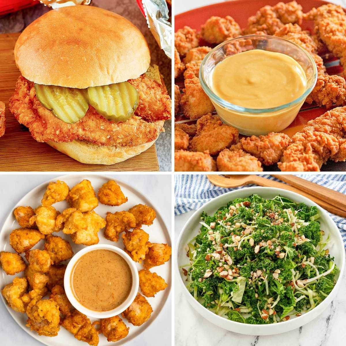 chick-fil-a sandwich, nuggets, and sauce