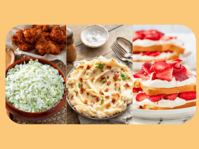 coleslaw, loaded mashed potatoes, and strawberry shortcake 