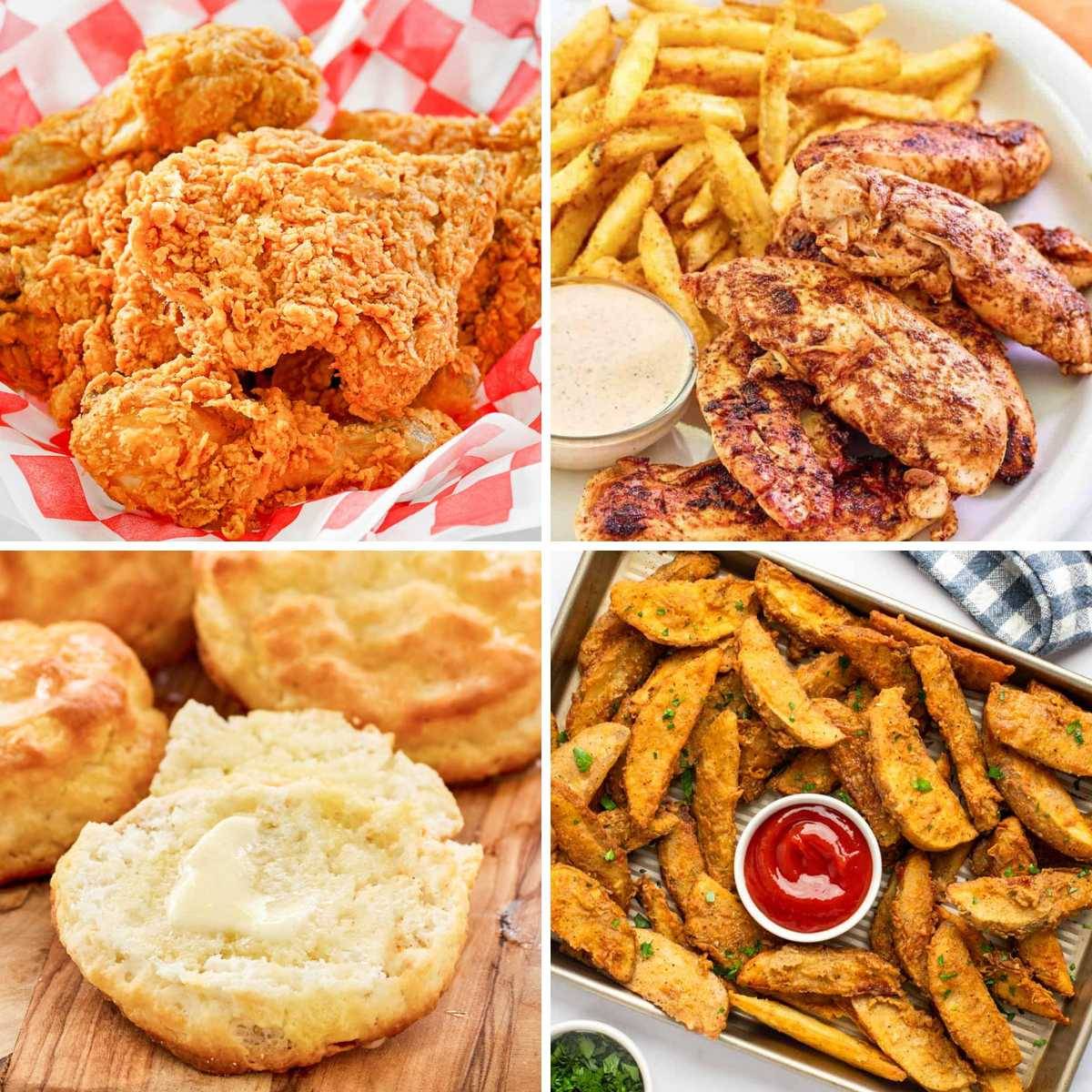 The chicken, the biscuits, the wedges, the slaw, and the sauce everyone fights over. A full bucket meal, made on a Tuesday.