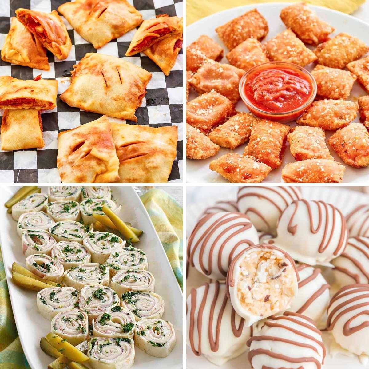 Hot pockets, pizza rolls, Little Debbie truffles, ranch pretzels, and ham pinwheels