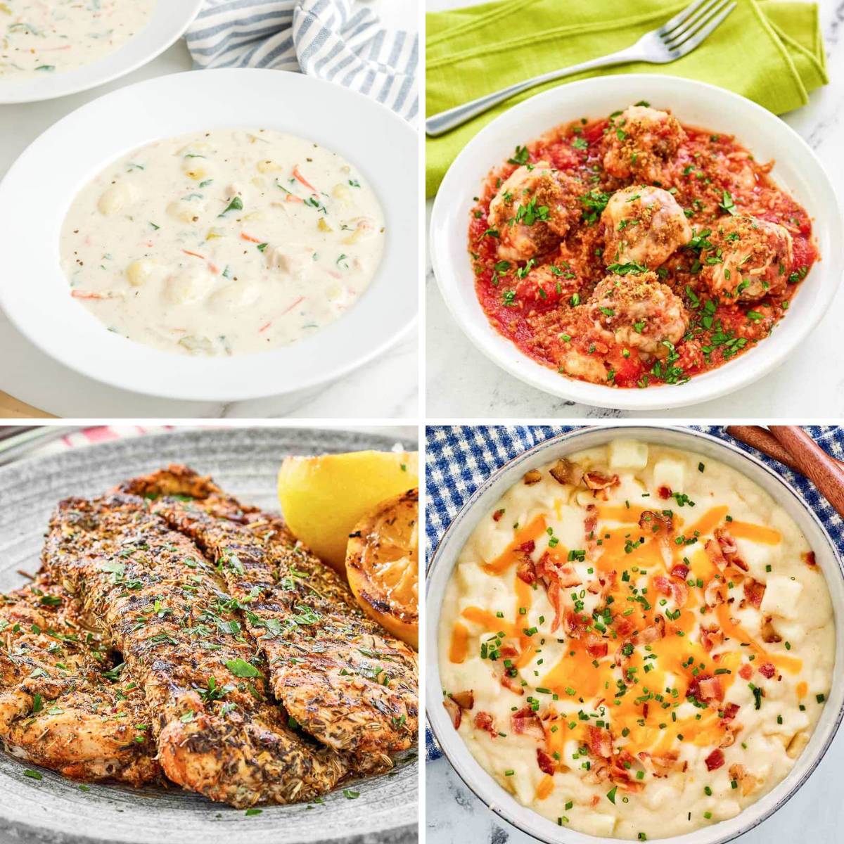 two creamy soups, meatballs, and herb crusted chicken