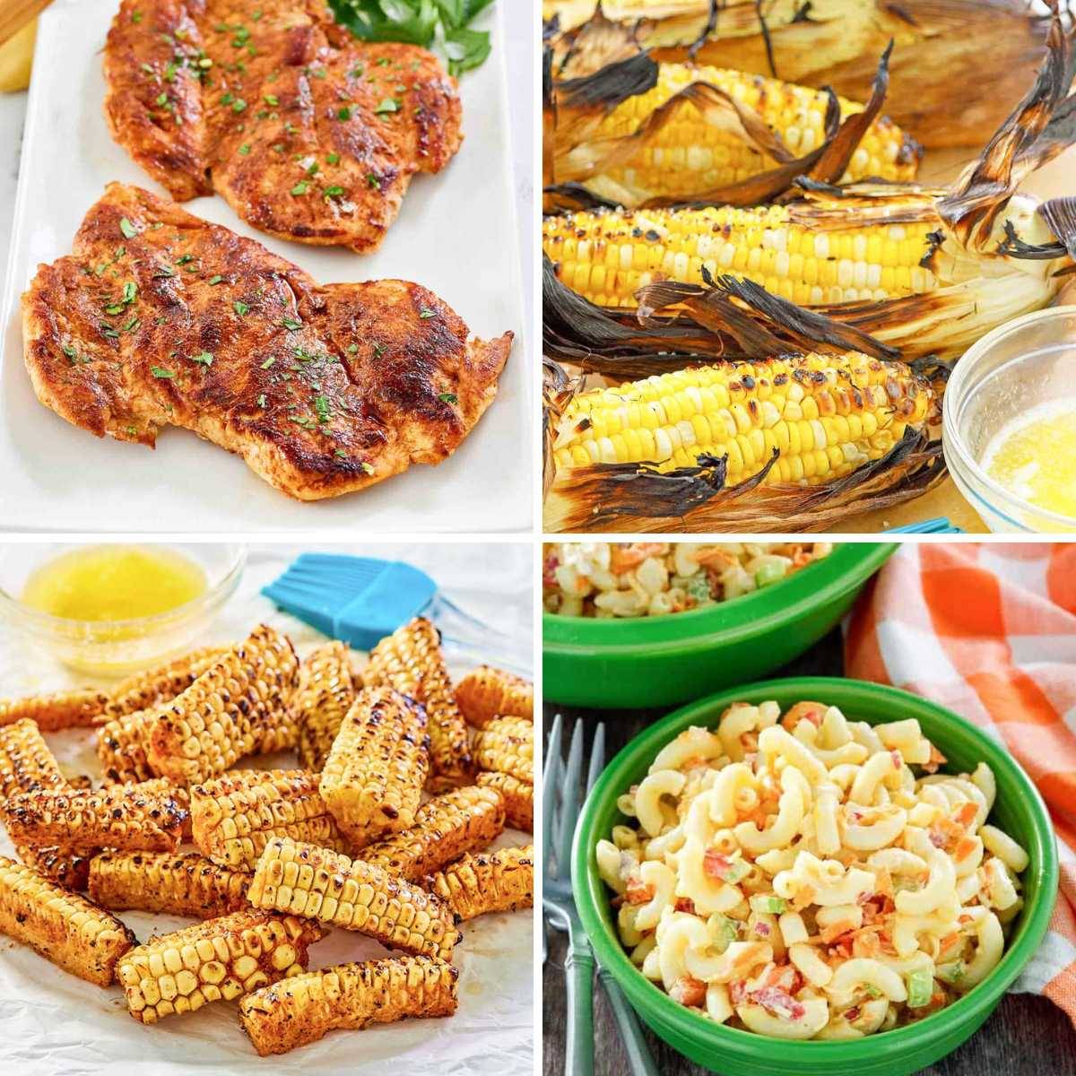 grilled chicken, corn on the cob and macaroni salad