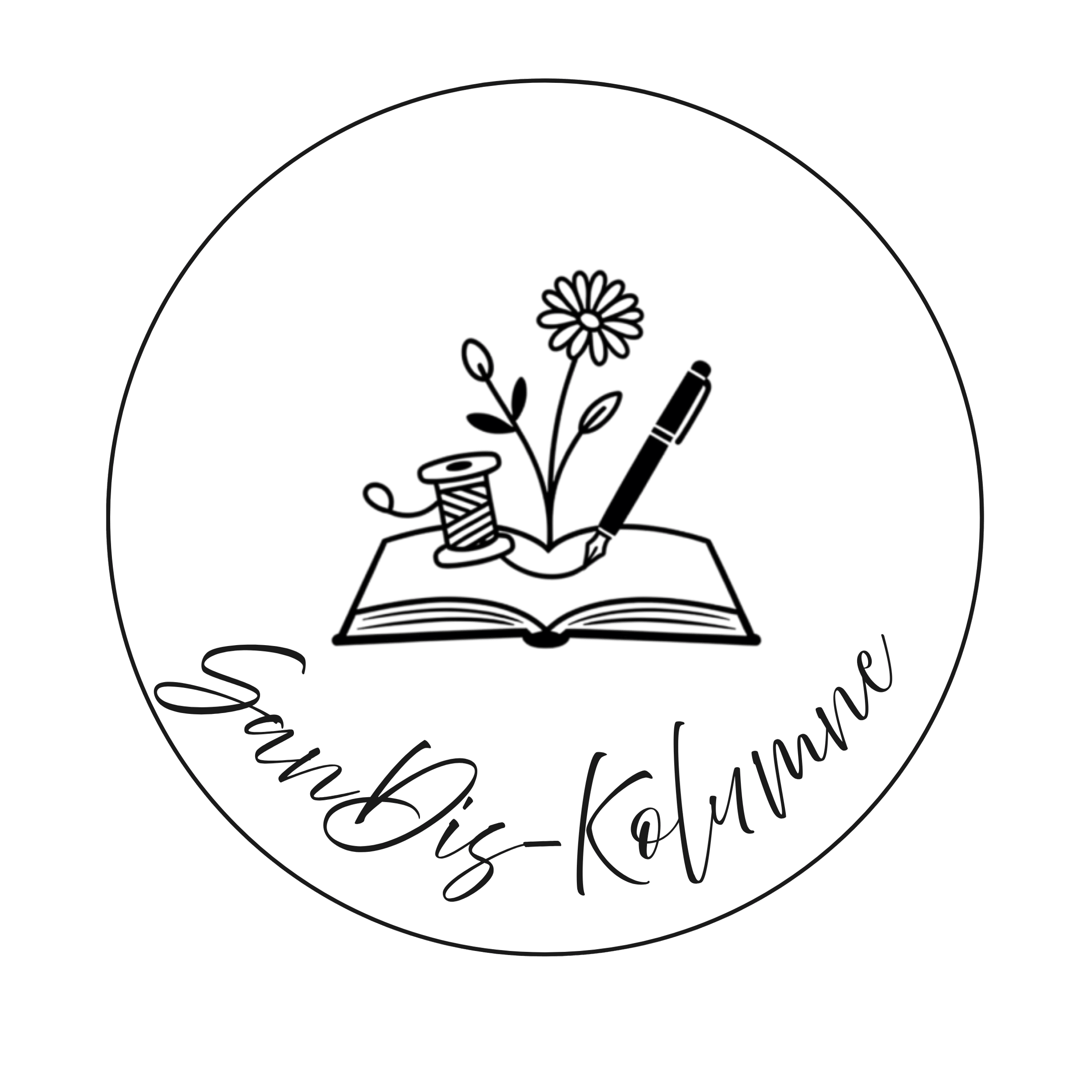 Rundes SanDis-Kolumne-Signet: aufgeschlagenes Buch mit Garnrolle, Blume und Füller