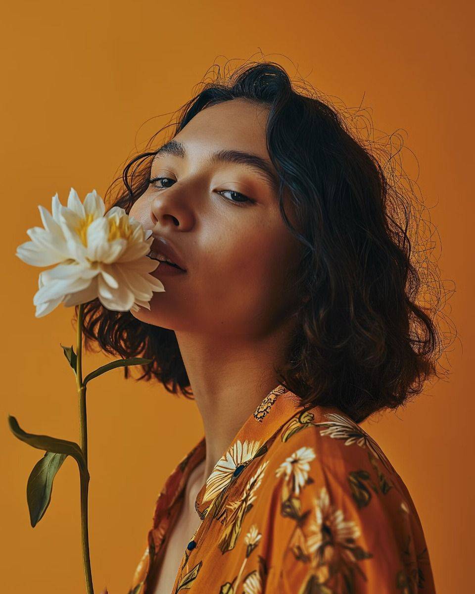 Nice portrait of a curly lady with a white flower