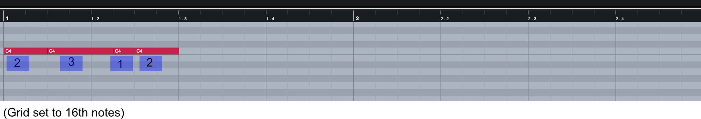 4 notes, consisting of 2 16ths 3 16ths, 1 16th and 2 16ths