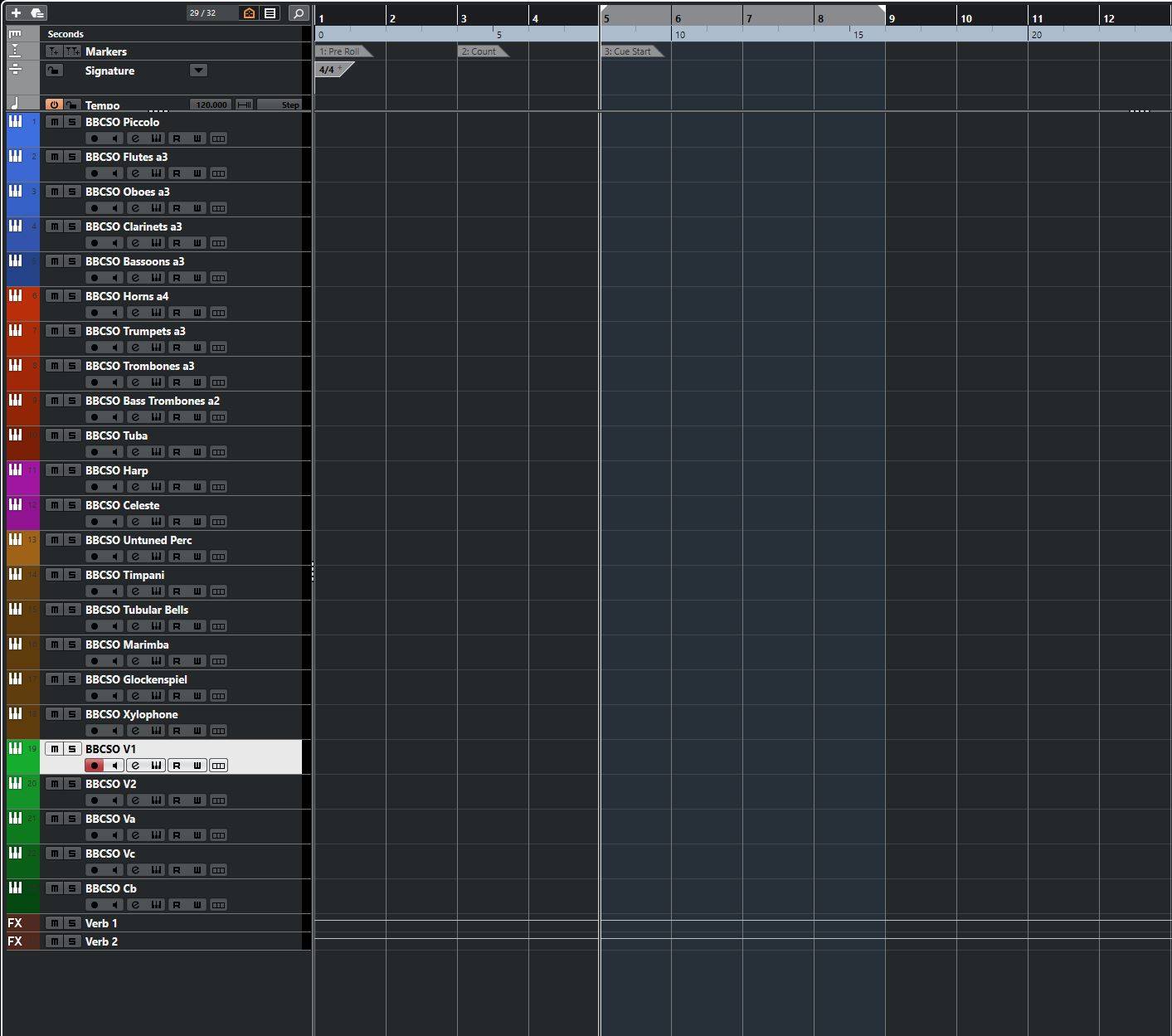 Image of the Spitfire Audio BBC Discover template in Cubase