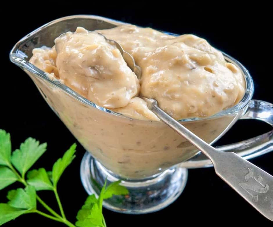 HOMEMADE CONDENSED CREAM OF MUSHROOM SOUP in a glass bowl