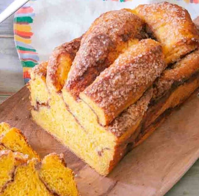 Sliced Pumpkin Brioche Twiston a cutting board