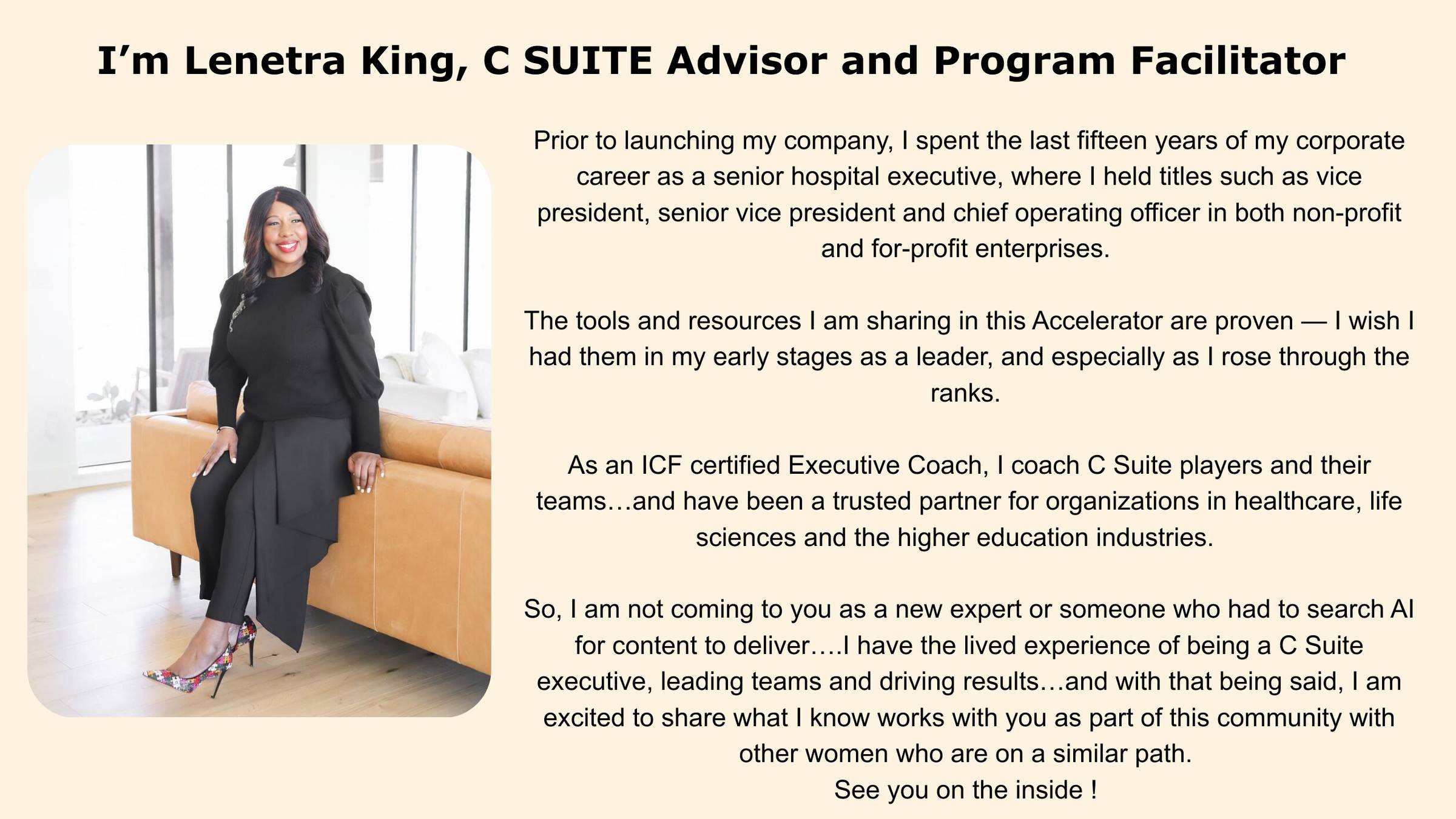 Professional  of Lenetra King, ICF certified Executive Coach and C-Suite Advisor, who provides leadership tools for corporate women.