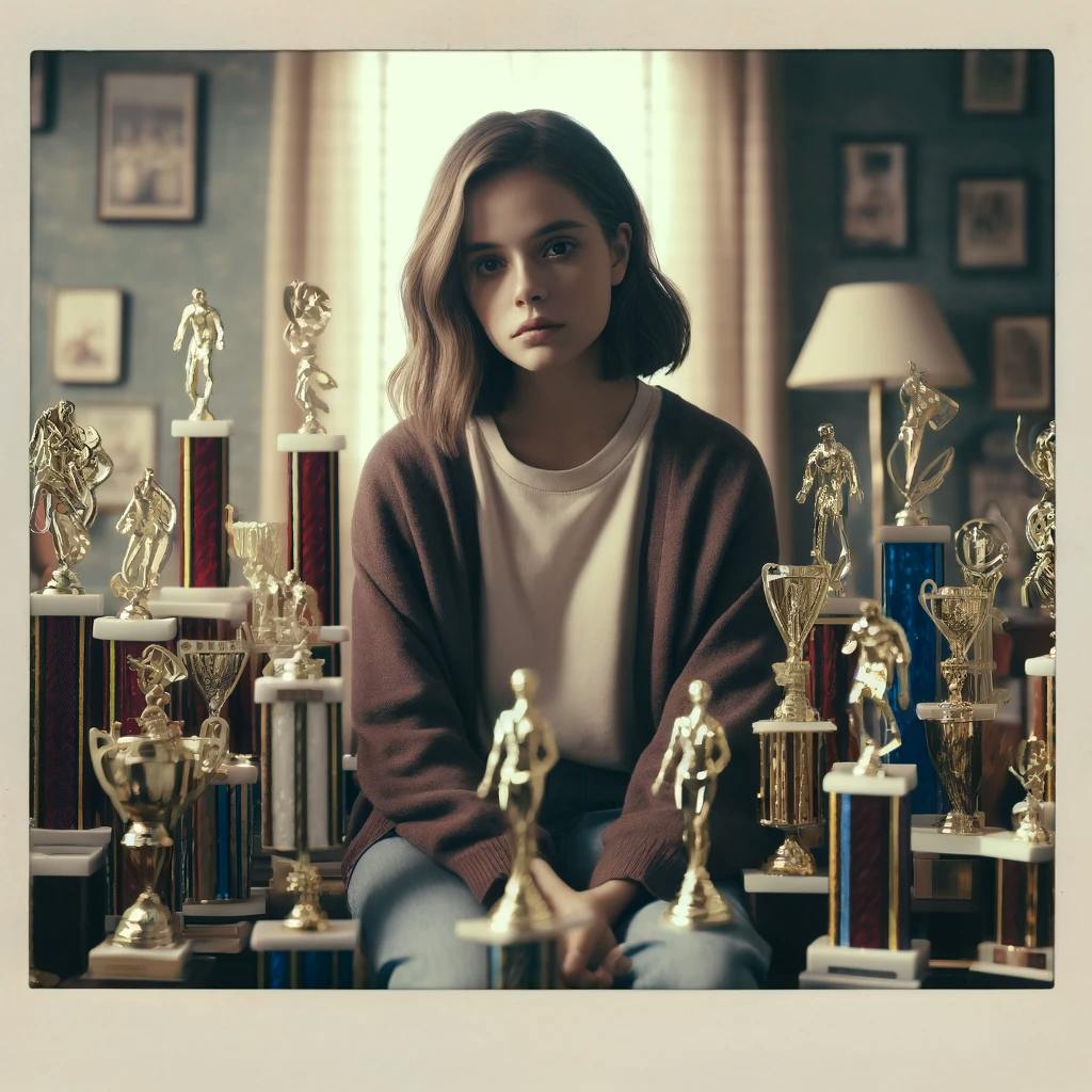 A girl surrounded by trophies but looking sad.