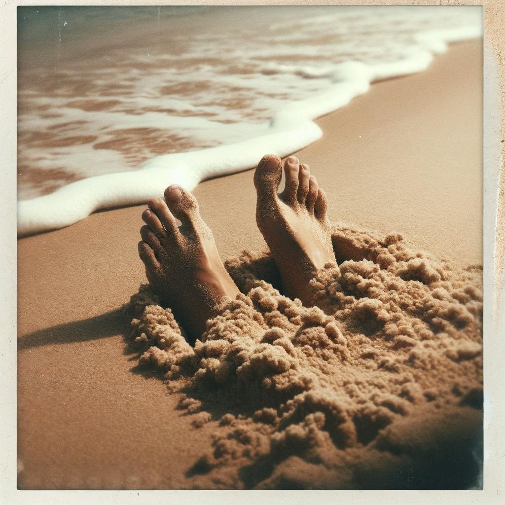 feet buried in the sand at the edge of the ocean