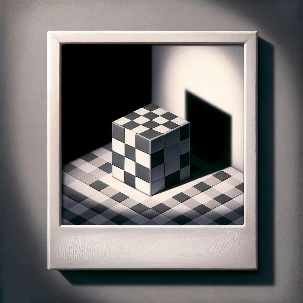 A photograph of a grey-scale checkered cube sitting on a checkered table with one side in a shadow