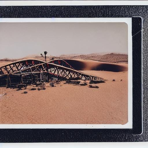 a polaroid picture of a broken down rollercoaster in the middle of a desert