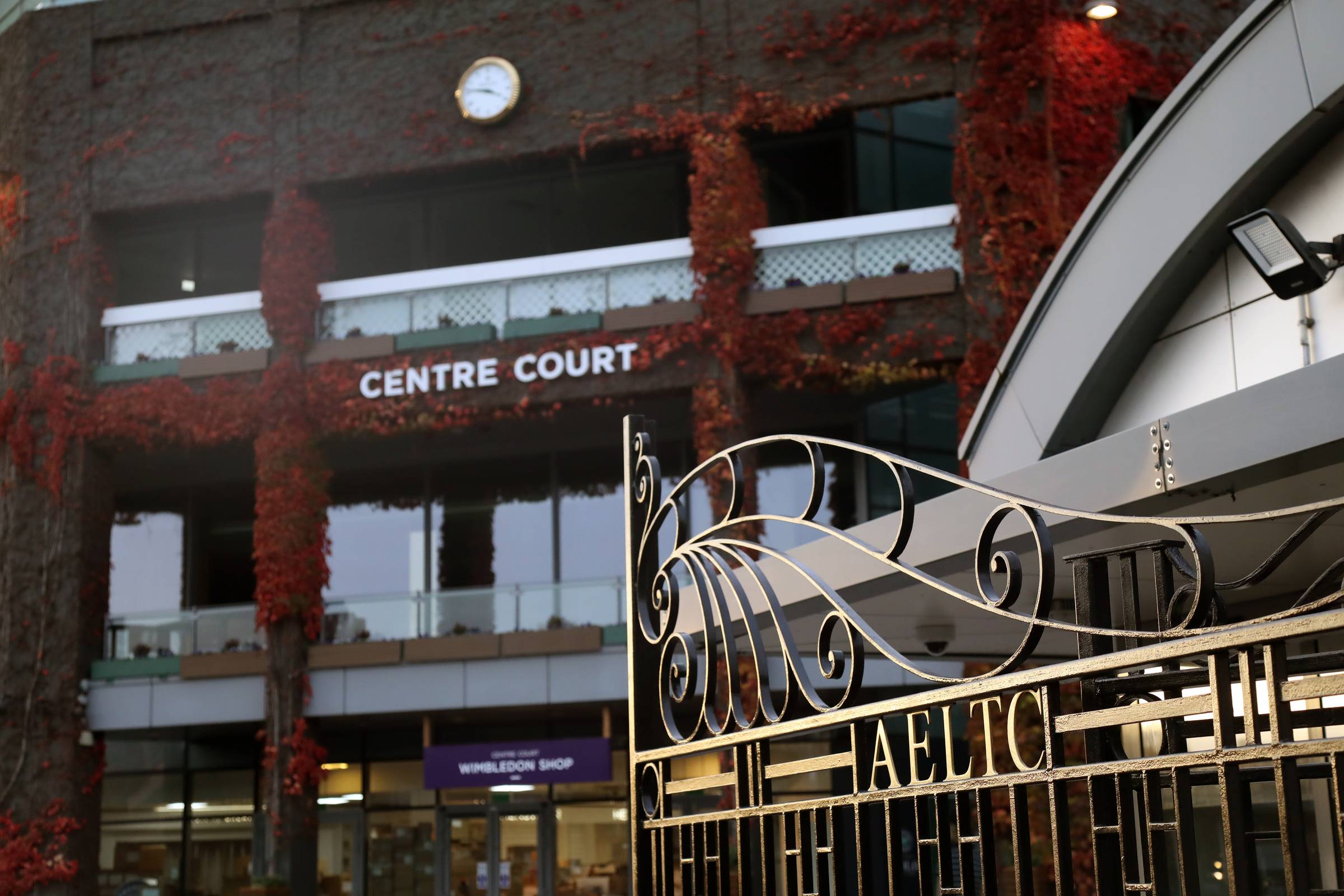 All England Lawn Tennis Club gate with views of Centre Court sign and the Wimbledon Shop entrance