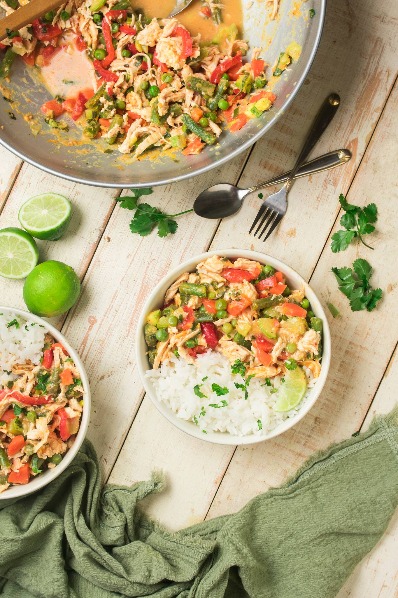 Thai-style chicken curry with mixed vegetables served with jasmine rice, lime and fresh coriander.