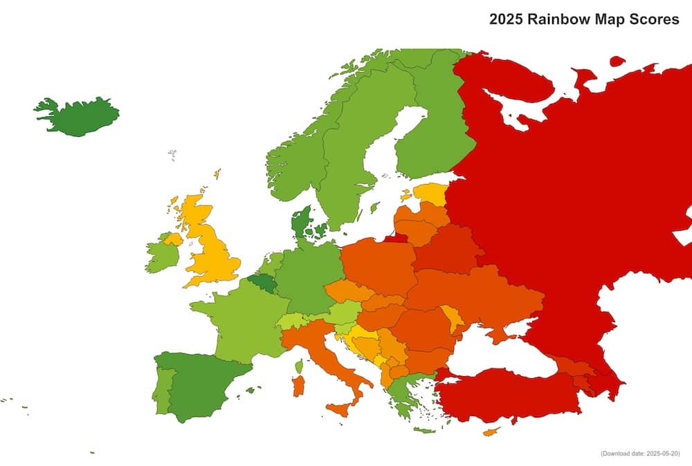 A color coded map of Europe where red is LGBTQ hostile and green is LGBTQ affirming. 