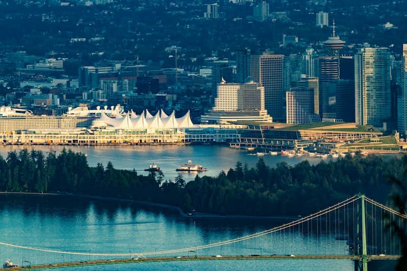 Vancouver cityscape with lions gate bridge and waterfront buildings.