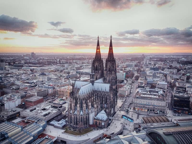 Cologne cathedral at sunset with city skyline