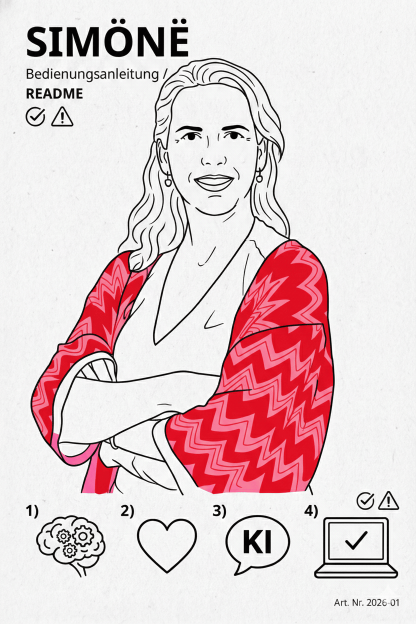 KEA-Stil Illustration einer Bedienungsanleitung mit dem Titel "SIMÖNË". Eine Strichzeichnung zeigt eine blonde Frau mit verschränkten Armen und einem rot-pinken Zickzack-Cardigan. Darunter vier Icons: 1) Gehirn mit Zahnrädern, 2) Herz, 3) Sprechblase mit 